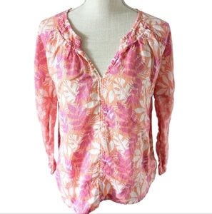 Sigrid Olsen Linen Top 100% Linen Blouse Floral Pink Orange Long Sleeve Oversize